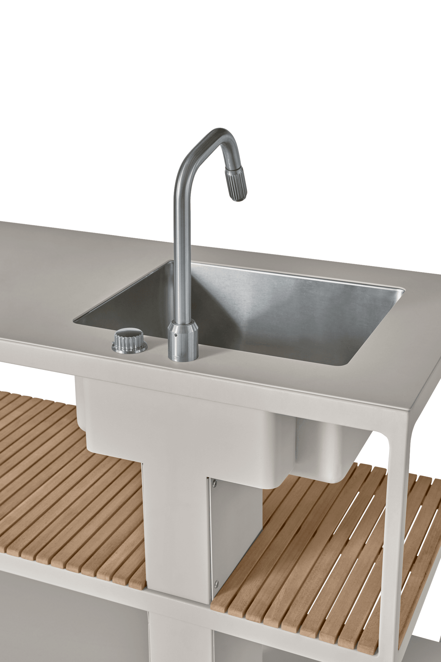 Moduł kuchni zewnętrznej ze zlewem 742 aluminium i drewno tekowe na taras i do ogrodu – Vipp