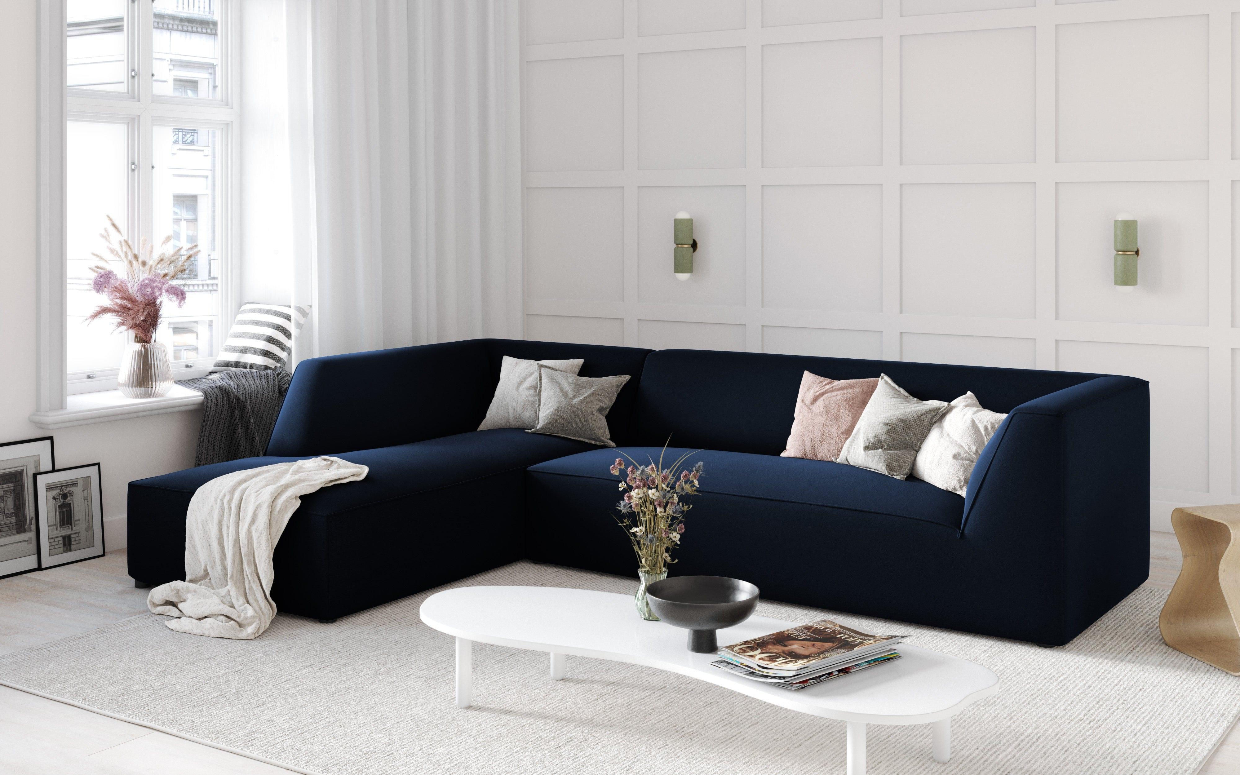 Narożnik aksamitny 4-osobowy lewostronny RUBY granat królewski Micadoni    Eye on Design