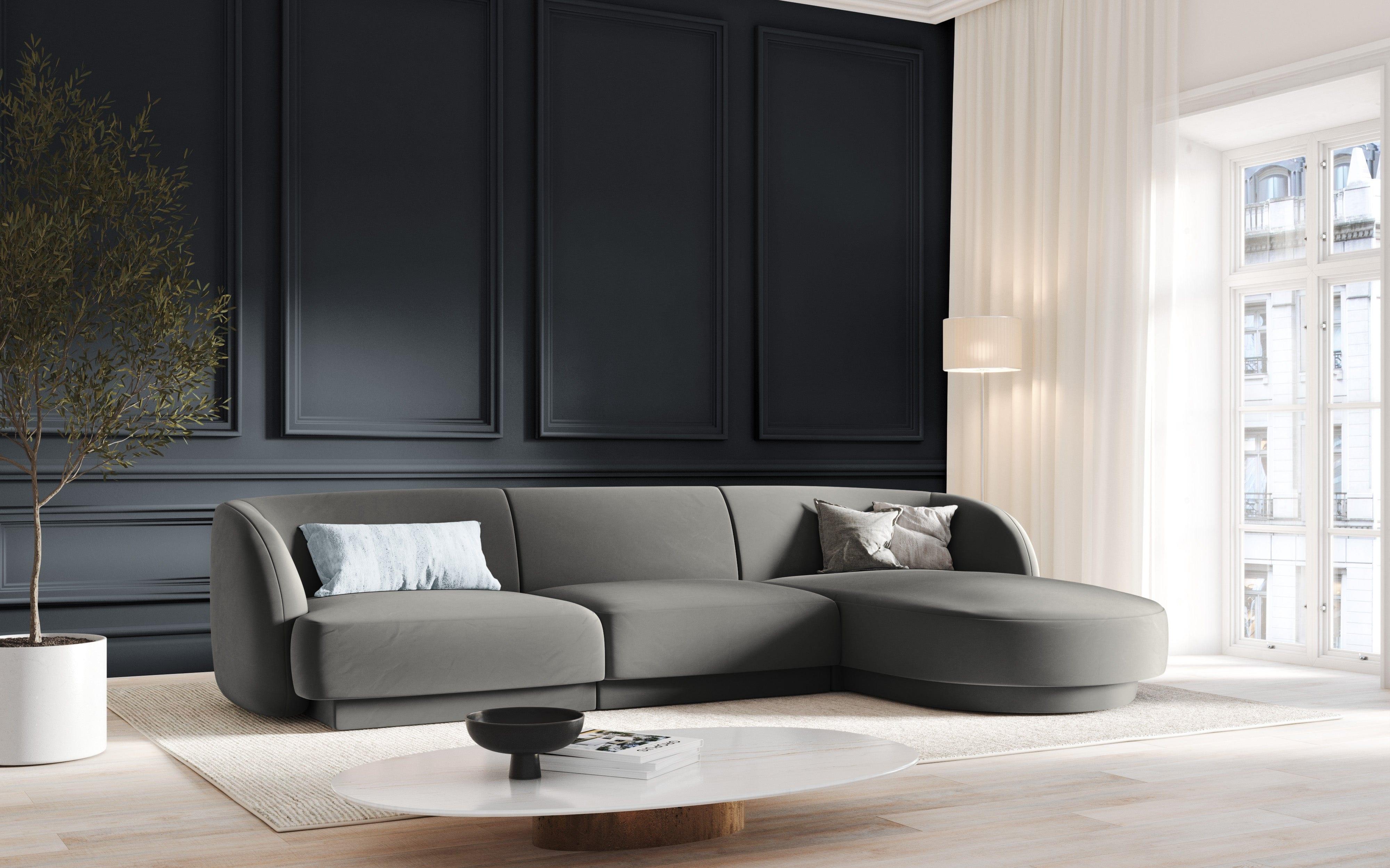 Narożnik aksamitny 4-osobowy prawostronny MILEY jasnoszary Micadoni    Eye on Design